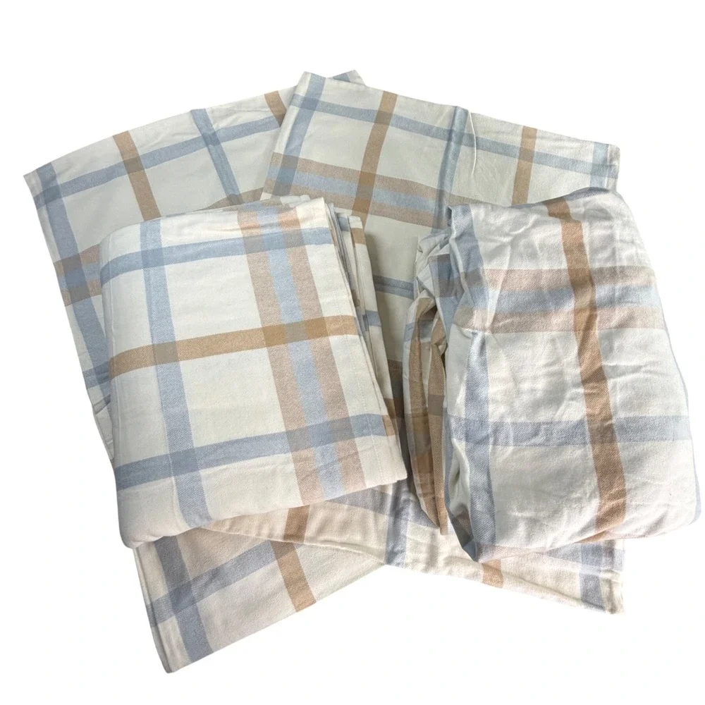 Boll & Branch Queen Flannel Sheet Set 100% Organic Cotton Plaid Cream Blue NWOT